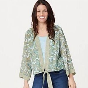 Belle By Kim Gravel Mix Floral Flowy Chiffon Open Kimono Front Tie Cardigan XL